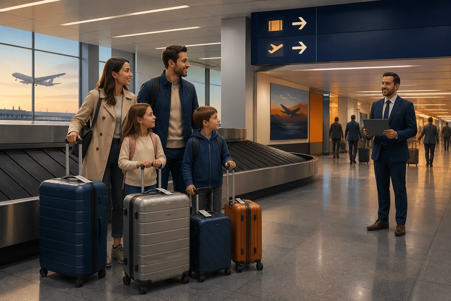 Editorial illustration of an airline arrival and family airport transfer for Delayed baggage at CDG: will my Disney driver wait