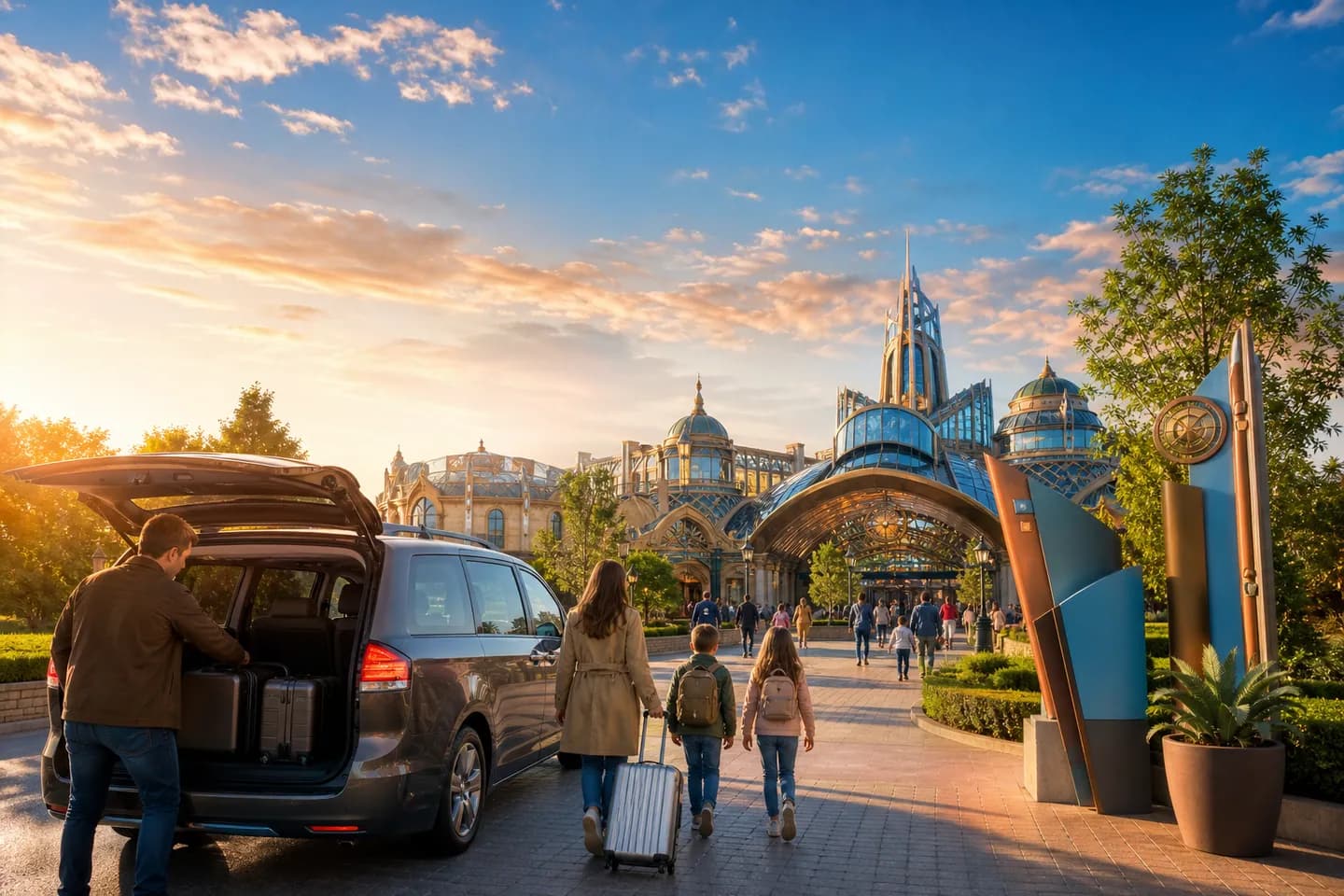 Editorial illustration of a private transfer to Disney Adventure World for Disney Adventure World airport transfer