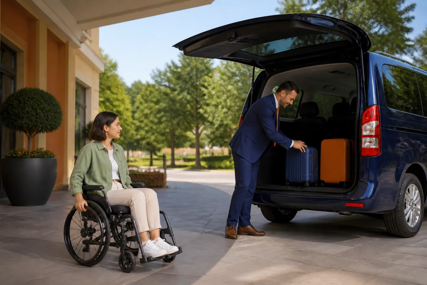 Editorial illustration of an accessible private transfer with wheelchair space for Disneyland transfer with an electric wheelchair