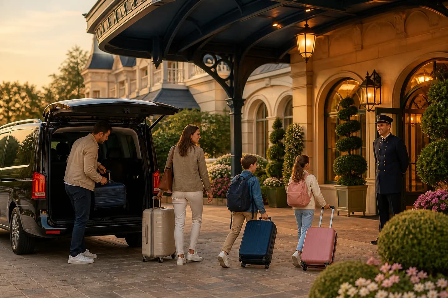 Editorial illustration of a private transfer arriving at a Disneyland Paris area hotel for Aparthotel Adagio Serris Val d’Europe transfer