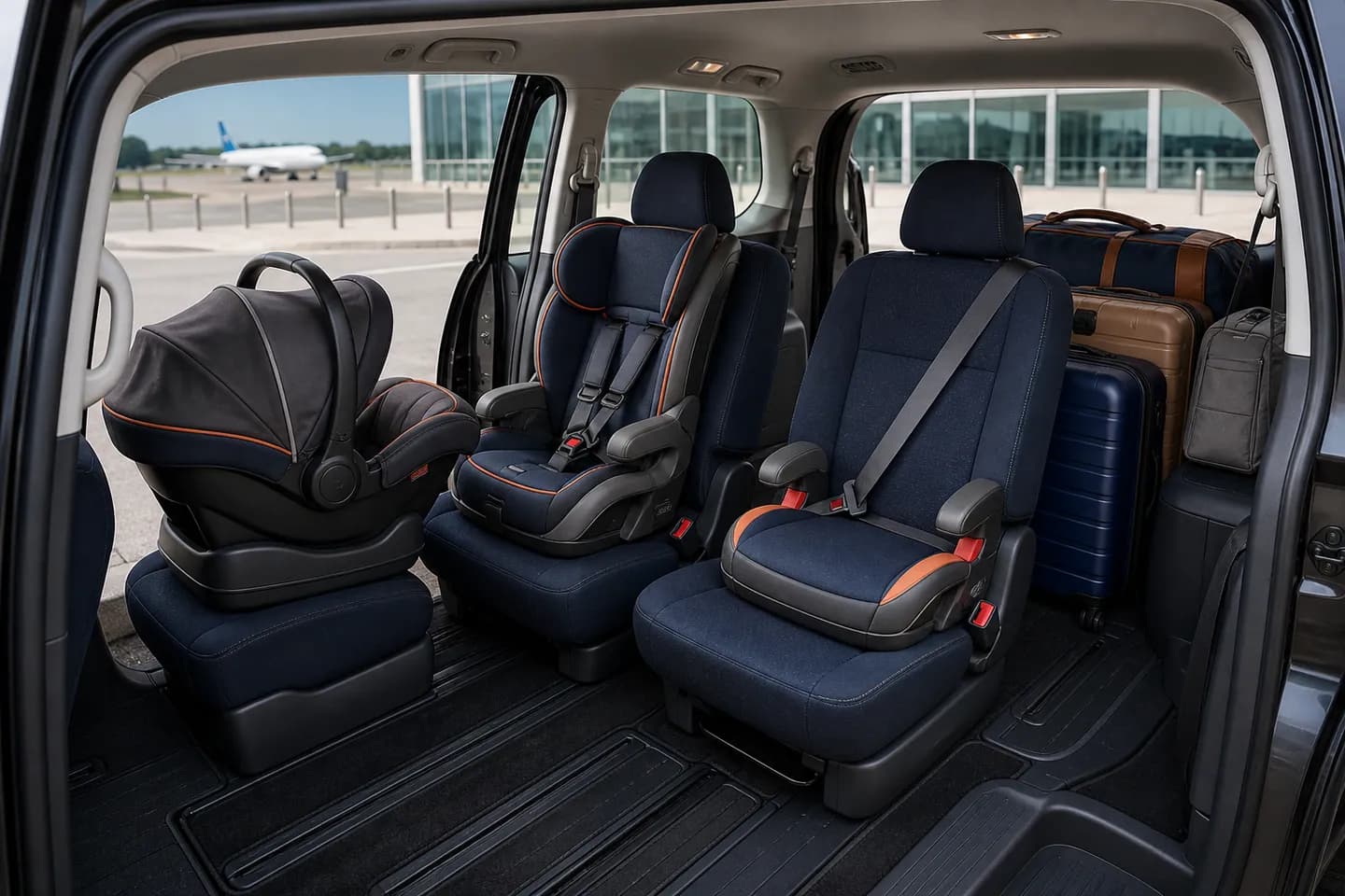 Editorial illustration of a family private transfer with child seats for Disneyland transfer with a rear-facing infant seat