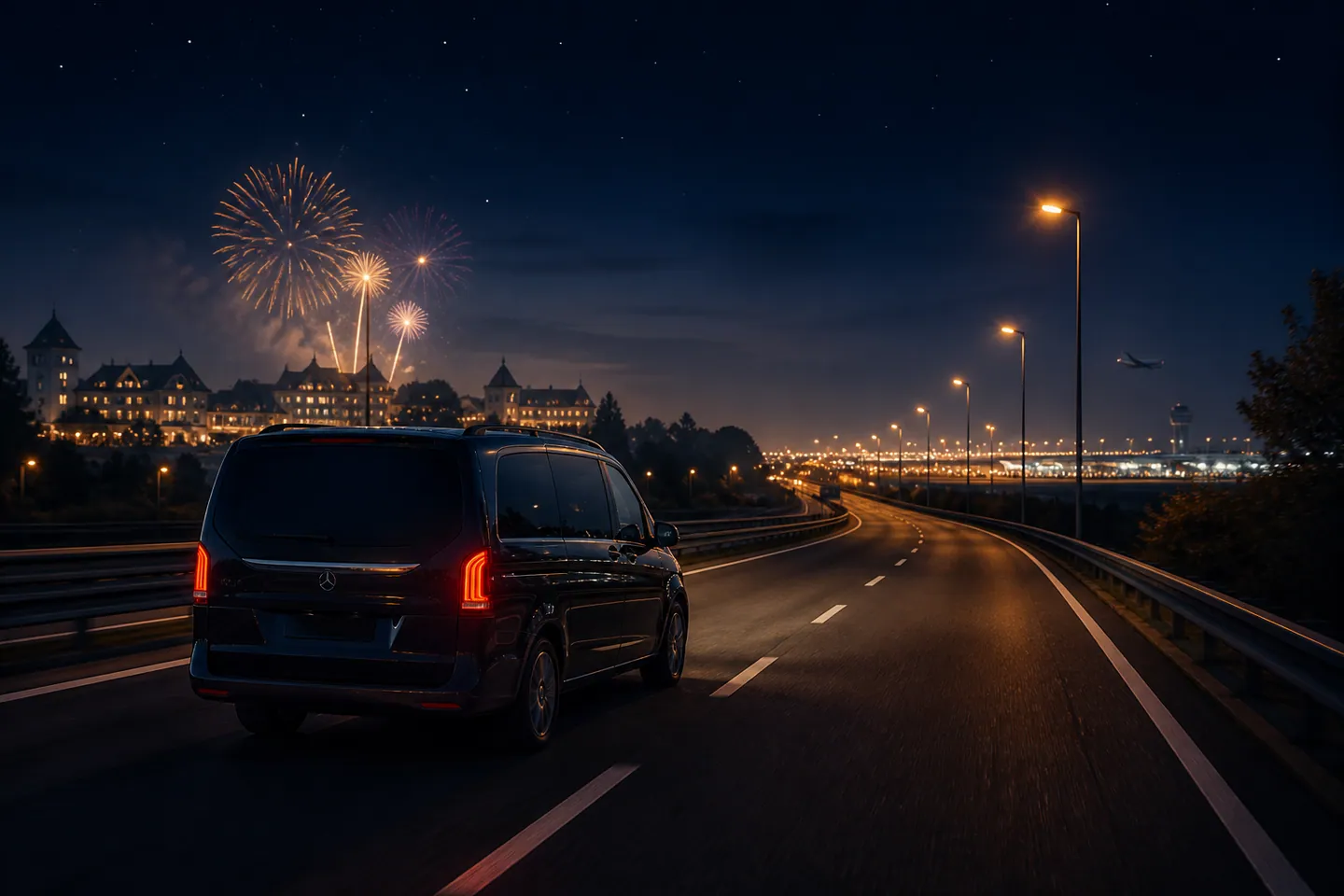 Editorial illustration of a nighttime Disneyland Paris transfer for Flight lands before 6 AM: CDG to Disneyland options